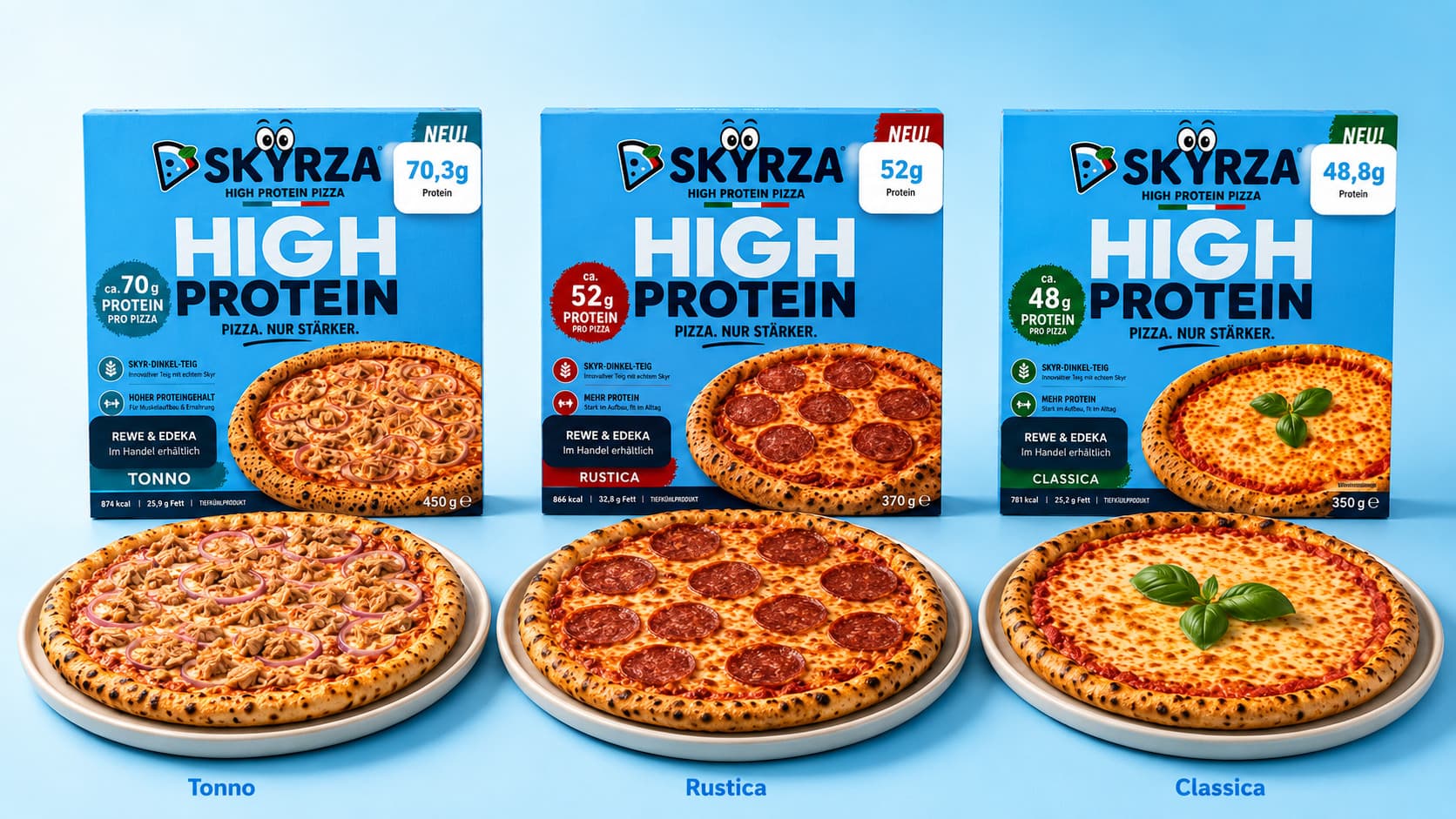 SKYRZA Tonno, Rustica und Classica — die Verpackungen im Tiefkühlregal bei REWE, mit 70,3 g, 52,4 g und 48,8 g Eiweiß pro Pizza